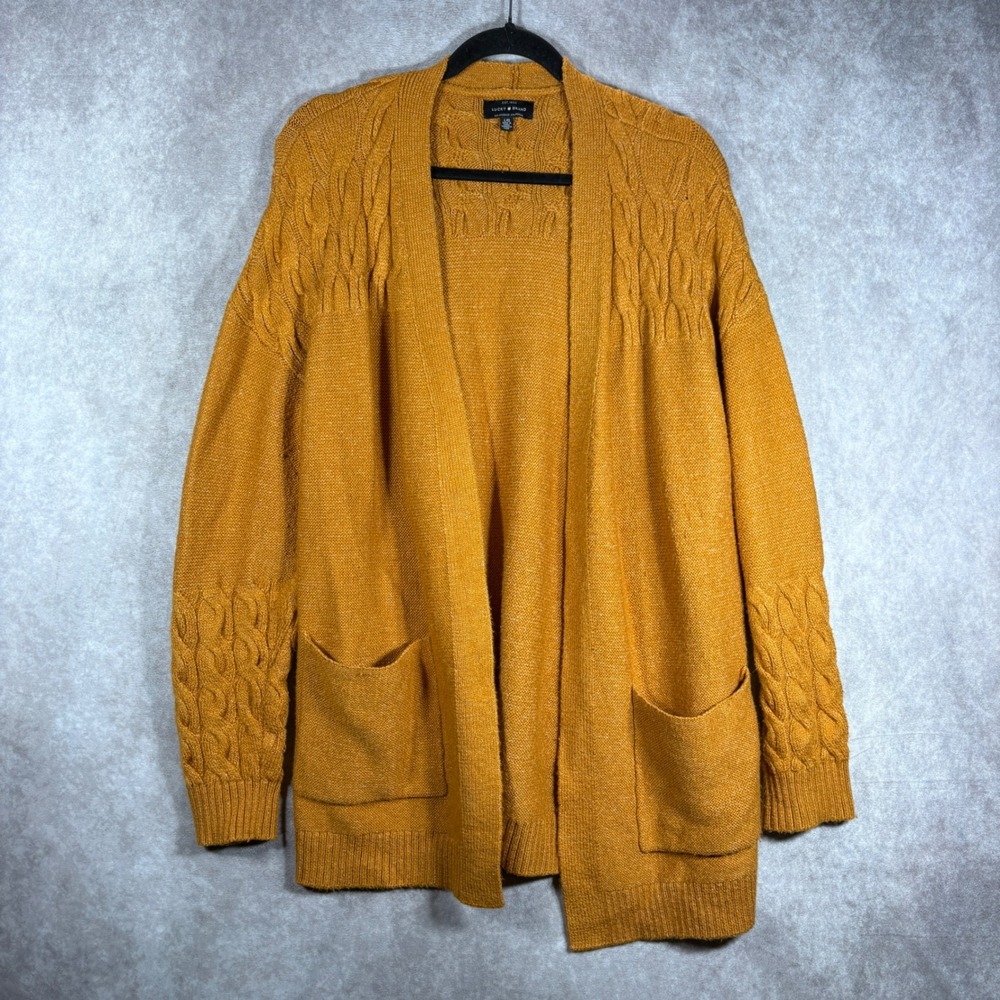 Lucky Brand Cardigan Women L Mustard Yellow Open Front Cable Knit Pockets Boho